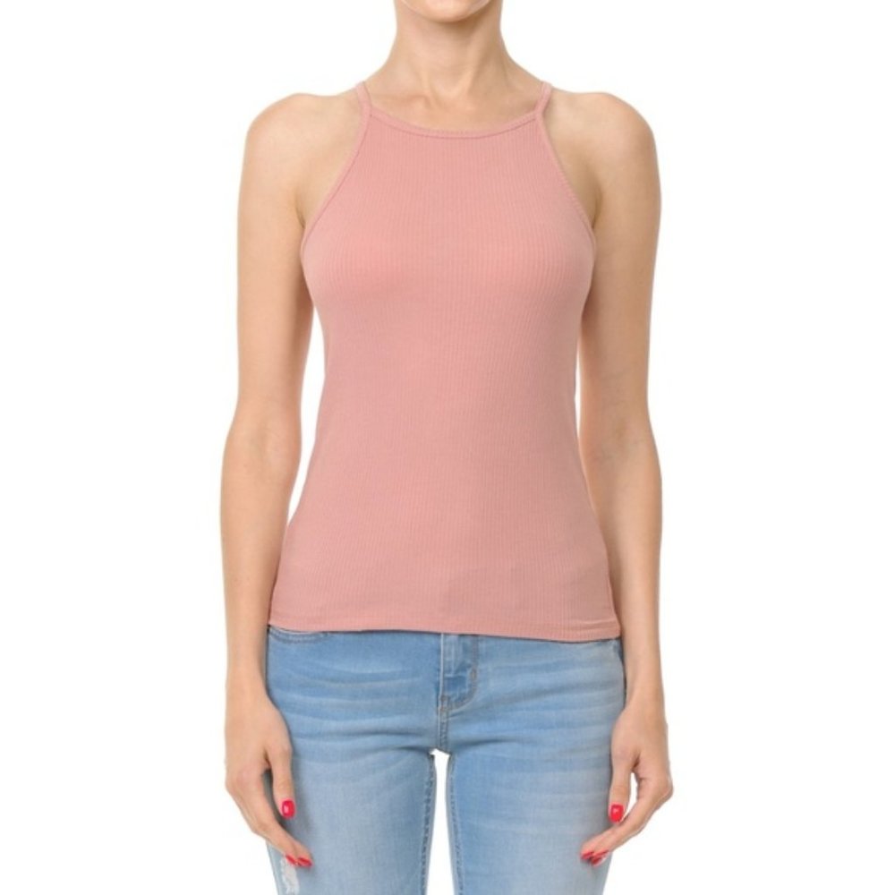 Mauve pink ribbed high square neck racerback